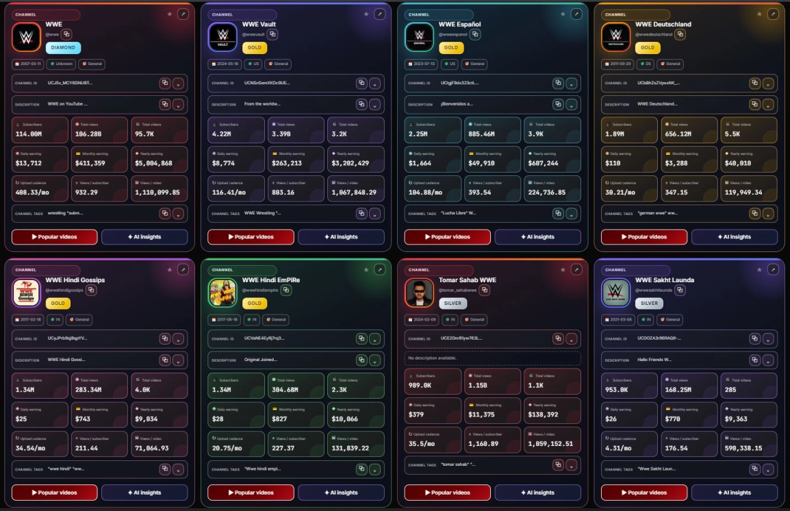 TubeLeader YouTube channel analytics dashboard showing creator research metrics