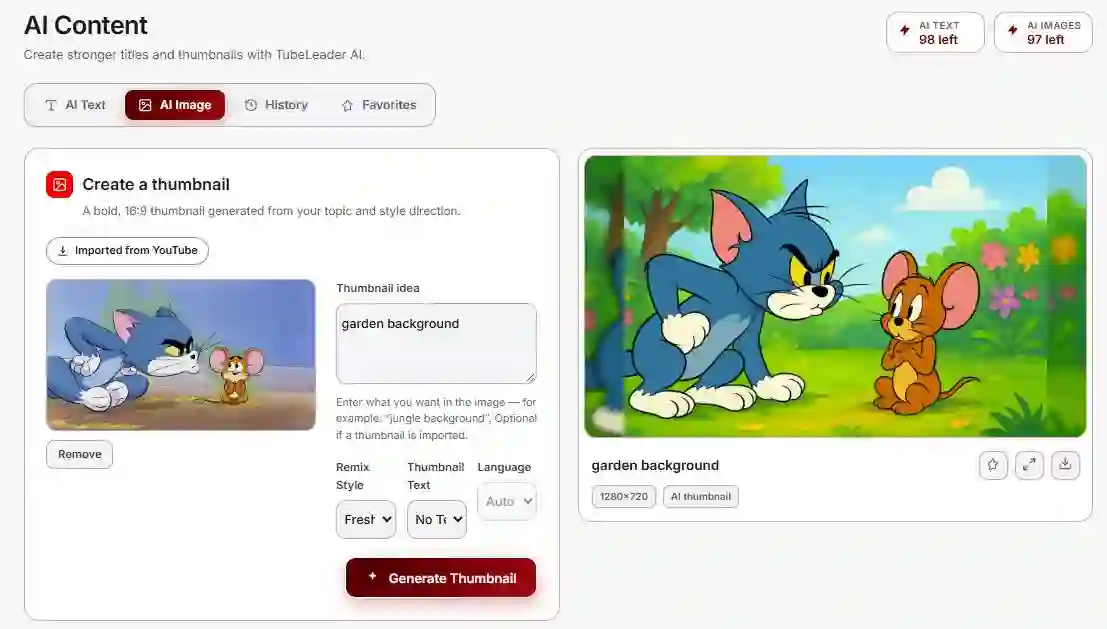 TubeLeader AI YouTube thumbnail generator creating a 16:9 thumbnail from a reference image