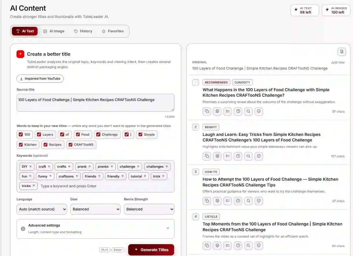 TubeLeader AI YouTube title generator producing multiple title variations with strategy labels and character counts